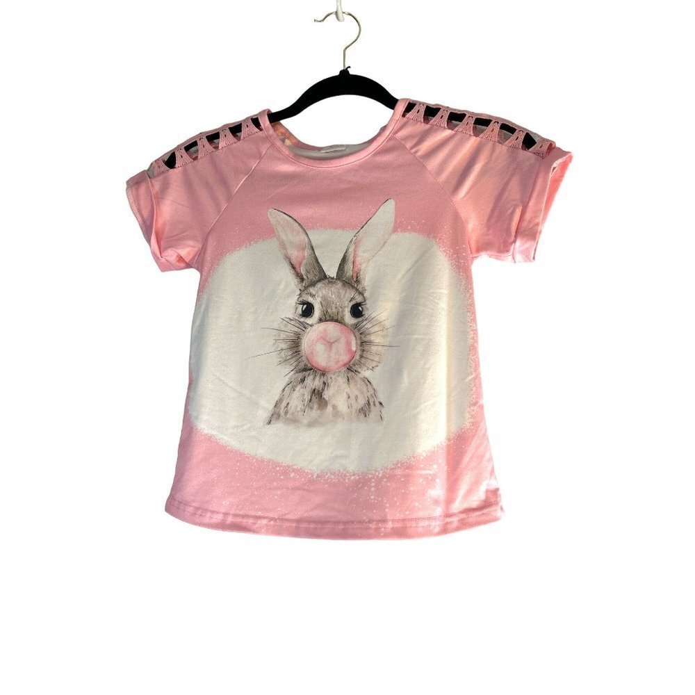 Girls Top T-Shirt  Pink with Bunny Cut out Shoulders Short Sleeve Size 3XL 8-10